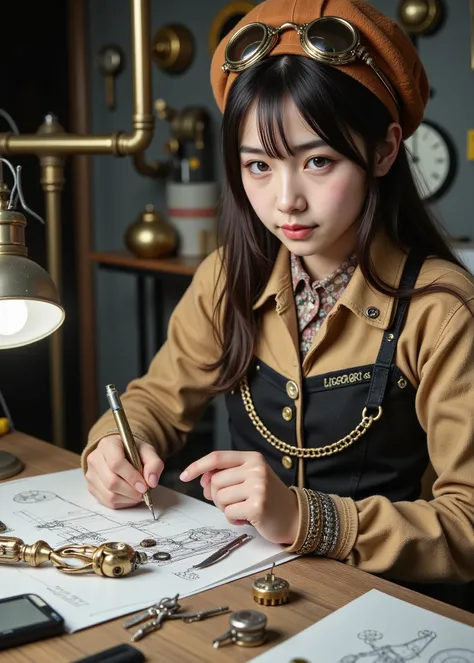 cyborg pet repair scene、PRECISION WORK 、digital diagnostic device、、cat robot、soft light、Technical Knowledge、 Gentle Hands 、sci-fi worldview , The cyberpunk-style girl is focused , sketching intricate blueprints of a female Steampunk girl. the workshop...