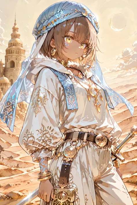 (ima_AI123,) The sorceress is a jeweler, a master of artifacts. She has tanned dark skin covered with ornate blue tattoos. She has dark-brown shorty haircut ((boy's crewcut)) with a copper sheen. She has golden lips, bronze eyes and long dramatic eyelash...