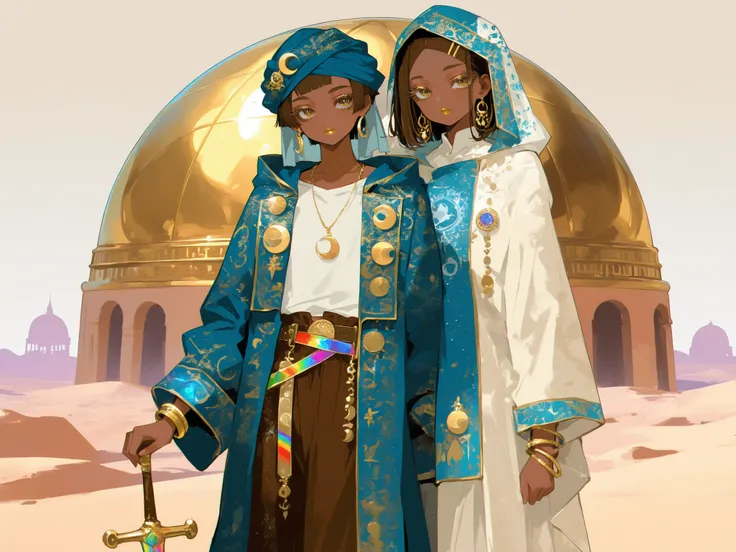 (0__11Xx_illu,duobaan,) The sorceress is a jeweler, a master of artifacts. She has tanned dark skin covered with ornate blue crescent moon tattoos. She has dark-brown shorty haircut ((boy's crewcut)) with a copper sheen. She has golden lips, bronze eyes a...