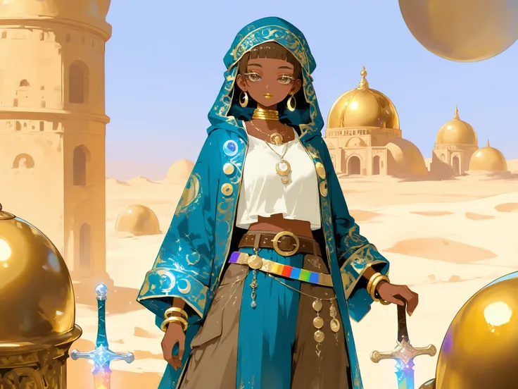 (0__11Xx_illu,duobaan,) The sorceress is a jeweler, a master of artifacts. She has tanned dark skin covered with ornate blue crescent moon tattoos. She has dark-brown shorty haircut ((boy's crewcut)) with a copper sheen. She has golden lips, bronze eyes a...