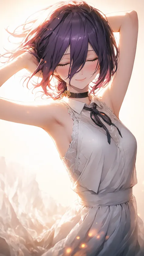 ultra high definition,1girl,reze,closed eyes,closed mouth,Smile,Blush,Blush,white lace dress,arm on own head,warm light background,Floating on your back in the air,fantastic atmosphere,mysterious sight,Cinematic Lighting,Brilliant Light,light particle
