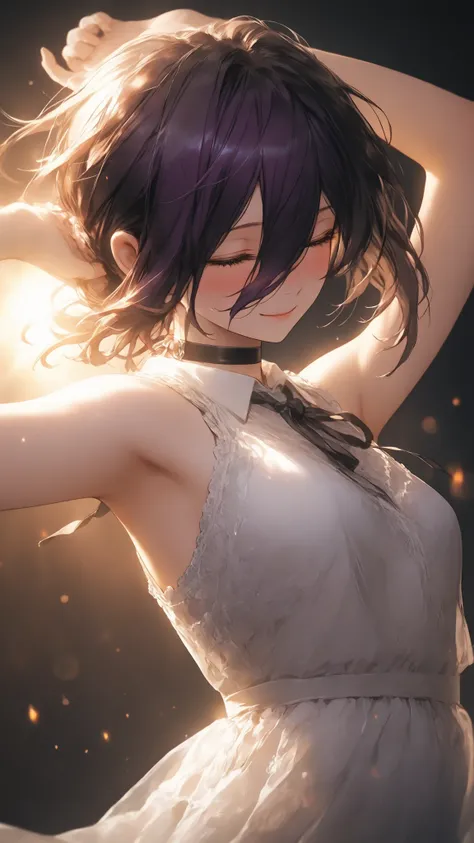 ultra high definition,1girl,reze,closed eyes,closed mouth,Smile,Blush,Blush,white lace dress,arm above head,warm light background,Floating on your back in the air,fantastic atmosphere,mysterious sight,Cinematic Lighting,Brilliant Light,light particle