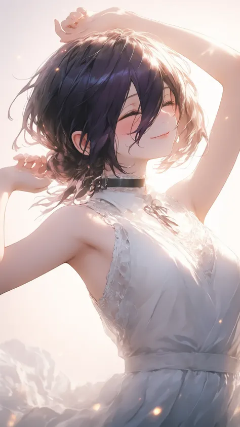 ultra high definition,1girl,reze,closed eyes,closed mouth,Smile,Blush,Blush,white lace dress,arm above head,warm light background,Floating on your back in the air,fantastic atmosphere,mysterious sight,Cinematic Lighting,Brilliant Light,light particle