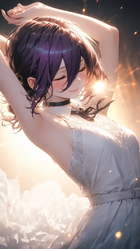 ultra high definition,1girl,reze,closed eyes,closed mouth,Smile,Blush,Blush,white lace dress,arm above head,warm light background,Floating on your back in the air,fantastic atmosphere,mysterious sight,Cinematic Lighting,Brilliant Light,light particle