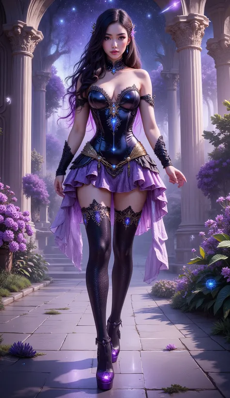 Shot on below, 4K, hyper detail, hyper detail clothing texture, 17-year-old young Asian girl with a cute face with sweet appearance and white skin, tall body, slim and small belly, wide waist, shiny body, shiny costume, long and sexy muscular legs, and gia...