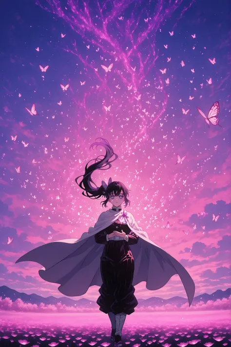 a beautiful magical girl inspired by Kanao Tsuyuri from Demon Slayer, after transformation, standing gracefully in a glowing field of light, wearing an elegant cloak made of radiant petals and luminous silk, butterfly motifs integrated into her outfit, sof...