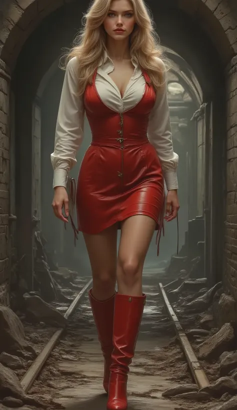  A beautiful, slim woman, 30 years old, blonde hair, large breasts, large buttocks, white, tight satin blouse, red tight leather dress, high-heeled boots, stern expression, dark, abandoned, dilapidated subway tunnel, cracked concrete walls, rusty train tra...