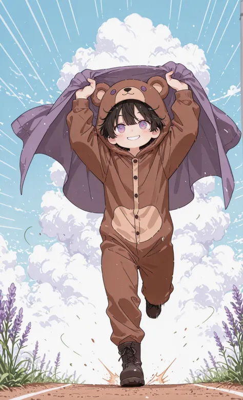 Kuma, masterpiece, best quality, ultra-detailed:1.3, chibi style, 1boy, solo, short black hair, lavender eyes, wearing brown bear onesie, bear hood, black boots, dynamic running pose, motion blur, speed lines, holding cloak in hands above head, cloak billo...