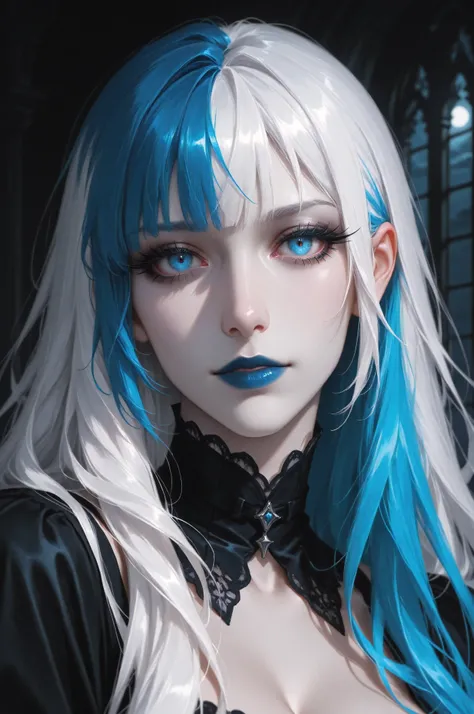semi realistic, painterly, digital painting, 1girl, looking at viewer, close-up, split-color hair, blue hair, white hair, long eyelashes, goth girl, dark theme, moonlight, partially illuminated, pale skin, dark theme, blue lipstick