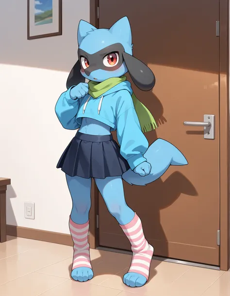 ((masterpiece, best quality)), (anthro furry:1.3, snout:1.2, anthro:1.3, furry:1.2, solo male:1.2), safe, (correct :1.1), solo, full body, visible feet, three-toed feet, Riolu (pokemon), (blue fur), blushed, green scarf, cropped hoodie, skirt, paws, sexy p...