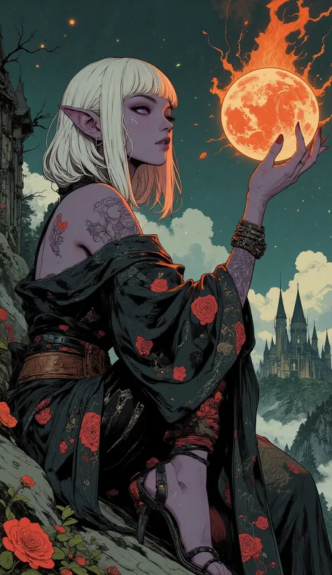 (Ethereal Japanese ukiyo-e, fantasy illustrations, gothic horror style, silkscreen) BREAK
(On a pale moonlit night, beneath a sky showered with green meteors and against the backdrop of a fairy-tale castle perched atop a steep cliff, a young dark elf woma...