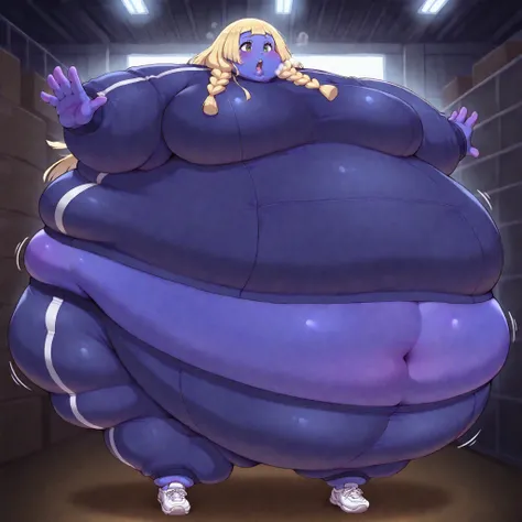 aalillie, long hair, blonde hair, twin braids, green eyes, warehouse, turning into a blueberry, blue skin, Violet skin, tracksuit, shoes, fat, chubby, obese, fat neck, multiple chins, big breasts open mouth, out of breath, Larger female, full body shot, on...