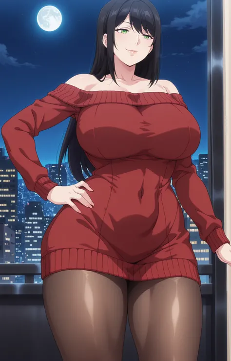 newest , masterpiece , anime screencap , anime coloring , hanyuyuzuki, 1girl, mature female, solo, green eyes, black hair, long hair, swept bangs, ractical body shape, glamorous bodies, attractive bodies, motherly, Curvy, Slutty, big breasts, glamorous bod...