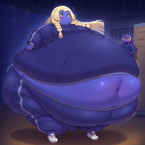 aalillie, long hair, blonde hair, twin braids, green eyes, warehouse, turning into a blueberry, blue skin, Violet skin, tracksuit, shoes, fupa, big fupa, fat fupa, bbinflight
bbinfmedium
bbfinfheavy
bbinfsphere
bbinfbutt