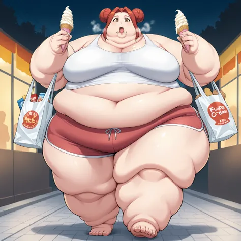 akari_shimizu_sl, red hair, double bun, parted hair, hair intakes, brown eyes,large breasts, tank top, midriff, dolphin shorts, walking, outside, night, eating ice cream, holding bags of food and snacks, fat, chubby, obese, fat neck, multiple chins, big br...