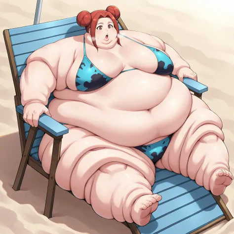 akari_shimizu_sl, red hair, double bun, parted hair, hair intakes, brown eyes,large breasts, bikini, beach, fat, chubby, obese, fat neck, multiple chins, big breasts open mouth, out of breath, Larger female, full body shot, only head, large head, oversized...