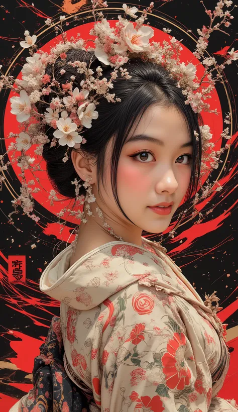 A realistic, design-oriented poster. It depicts a beautiful woman in a kimono with a hairstyle resembling fresh flowers. The flowers are woven into her hair, becoming one with it. The fresh flowers are vibrant and blooming profusely. She is tilting her hea...