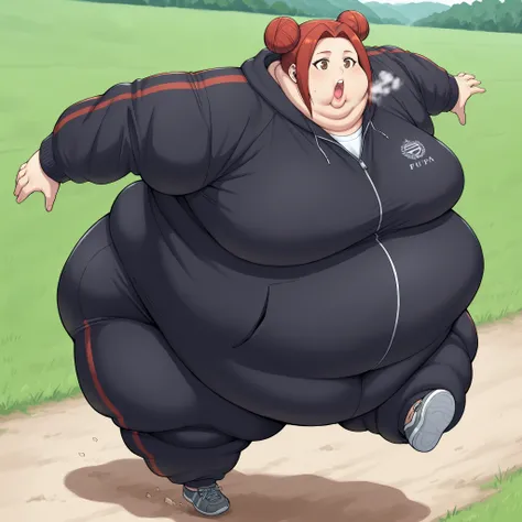 akari_shimizu_sl, red hair, double bun, parted hair, hair intakes, brown eyes,large breasts, running, outside, field, tracksuit, shoes, fat, chubby, obese, fat neck, multiple chins, big breasts open mouth, out of breath, Larger female, full body shot, only...