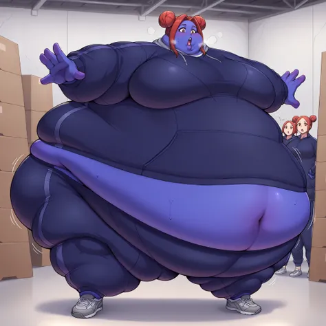 akari_shimizu_sl, red hair, double bun, parted hair, hair intakes, brown eyes,large breasts, warehouse, turning into a blueberry, blue skin, Violet skin, tracksuit, shoes, fat, chubby, obese, fat neck, multiple chins, big breasts open mouth, out of breath,...