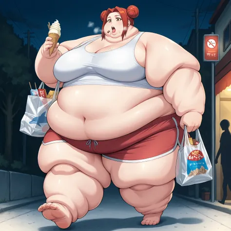 akari_shimizu_sl, red hair, double bun, parted hair, hair intakes, brown eyes,large breasts, tank top, midriff, dolphin shorts, walking, outside, night, eating ice cream, holding bags of food and snacks, fat, chubby, obese, fat neck, multiple chins, big br...
