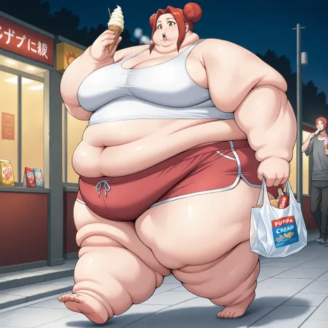 akari_shimizu_sl, red hair, double bun, parted hair, hair intakes, brown eyes,large breasts, tank top, midriff, dolphin shorts, sandels, walking, outside, night, eating ice cream, holding bags of food and snacks, fat, chubby, obese, fat neck, multiple chin...