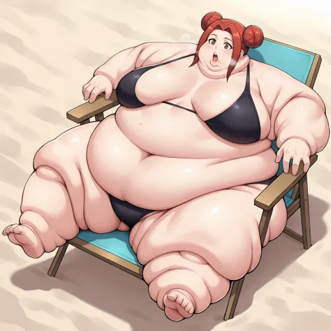 akari_shimizu_sl, red hair, double bun, parted hair, hair intakes, brown eyes,large breasts, bikini, beach, fat, chubby, obese, fat neck, multiple chins, big breasts open mouth, out of breath, Larger female, full body shot, only head, large head, oversized...