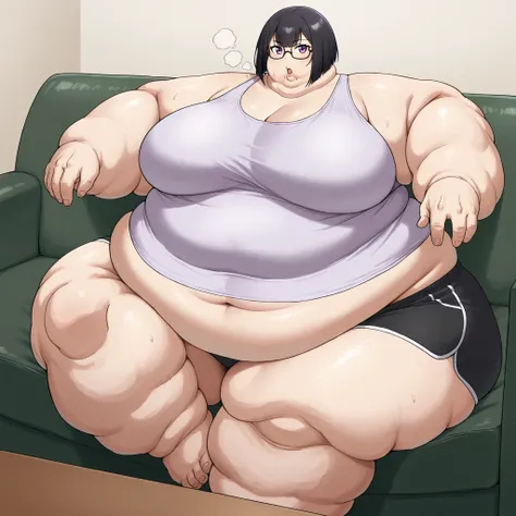 1girl, solo, huge breasts, cowboy shot, looking at viewer, lee bora, under-rim eyewear, short hair, black hair, (mole under mouth:0.8), bob cut, purple eyes, tank top, midriff, dolphin shorts, sitting on couch, fat, chubby, obese, fat neck, multiple chins,...