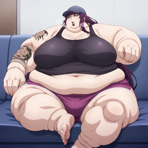 kanae_tawata_pm, purple hair, long hair, (arm tattoo:0.8), large breasts, black lips, blunt bangs, red eyes, baseball cap,large breasts, tank top, midriff, dolphin shorts, sitting on couch, fat, chubby, obese, fat neck, multiple chins, big breasts open mou...