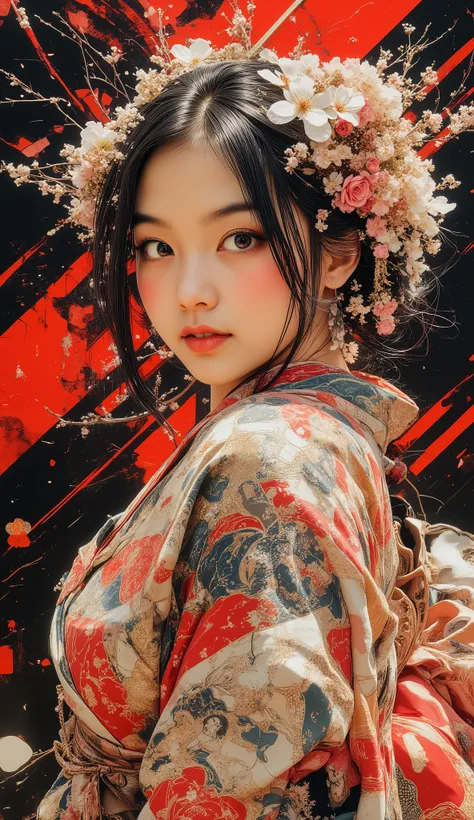 A realistic, design-oriented poster. It depicts a beautiful woman in a kimono with a hairstyle resembling fresh flowers. The flowers are woven into her hair, becoming one with it. The fresh flowers are vibrant and blooming profusely. She is tilting her hea...