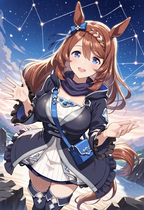 (masterpiece, best quality, perfect face:1.4), wide angle, super creek \(umamusume\), horse ears, ear ornament, horse tail, tail on the lower back, proportional body, proportional, beautiful hair, beautiful face, beautiful detailed eyes, beautiful clavicle...