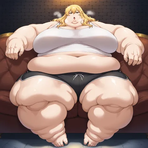 1girl, solo, huge breasts, dungeon, inside, upper body, looking at viewer, gina, long hair, blonde hair, brown eyes, sidelocks, wavy hair, hair between eyes, tank top, midriff, dolphin shorts, sitting on couch, fat, chubby, obese, fat neck, multiple chins,...