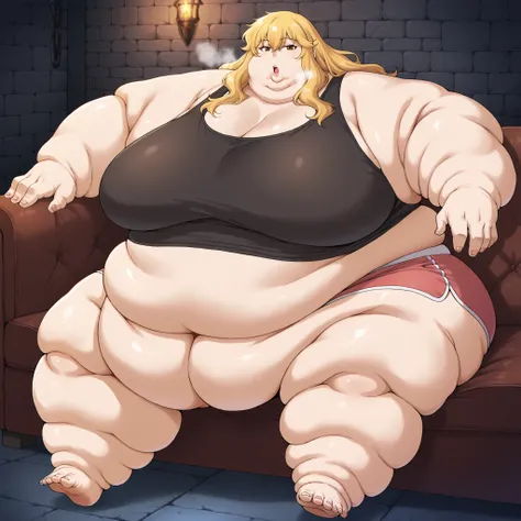 1girl, solo, huge breasts, dungeon, inside, upper body, looking at viewer, gina, long hair, blonde hair, brown eyes, sidelocks, wavy hair, hair between eyes, tank top, midriff, dolphin shorts, sitting on couch, fat, chubby, obese, fat neck, multiple chins,...