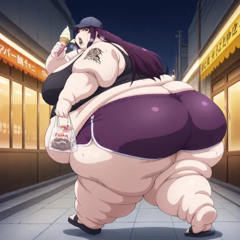 kanae_tawata_pm, purple hair, long hair, (arm tattoo:0.8), large breasts, black lips, blunt bangs, red eyes, baseball cap,large breasts, tank top, midriff, dolphin shorts, sandels, walking, outside, night, eating ice cream, holding bags of food and snacks,...