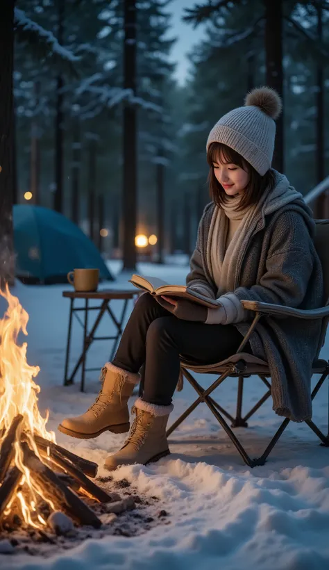 On a winter night at the campground, a camping girl sits wrapped in a blanket on an outdoor chair, reading a book. A bonfire in front, tent behind. Night ,
She warms herself by the campfire, and steam rises from a mug on the small outdoor table. smoke ris...
