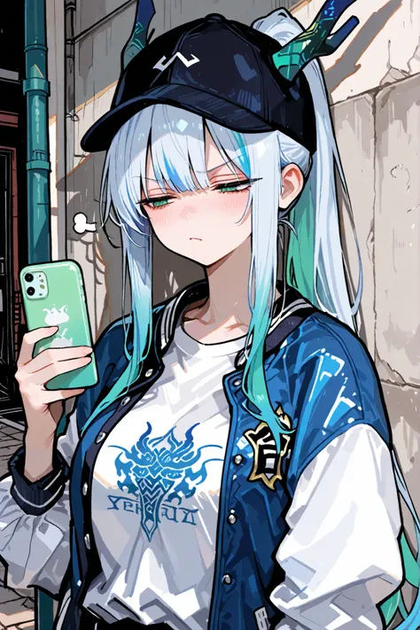 masterpiece, best quality, clear line drawing, 8k, cute, semi realistic, green eyes, cute, small, pretty, fully opened blue letterman jacket, white shirts, black cap, large breast, street background, very long ponytail hair, white blue hair, annoyed, angry...