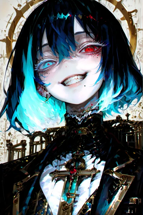 Highest Quality, ultra high definition, masterpiece 【Protagonist】、((solo, anime))、((womanhood)), laugh happily, long white hair, Turquoise Blue Hair、 ((Heterochromia, my left and right eyes are different colors、Red Eyes, blue eyes)), ((My eyelashes are whi...