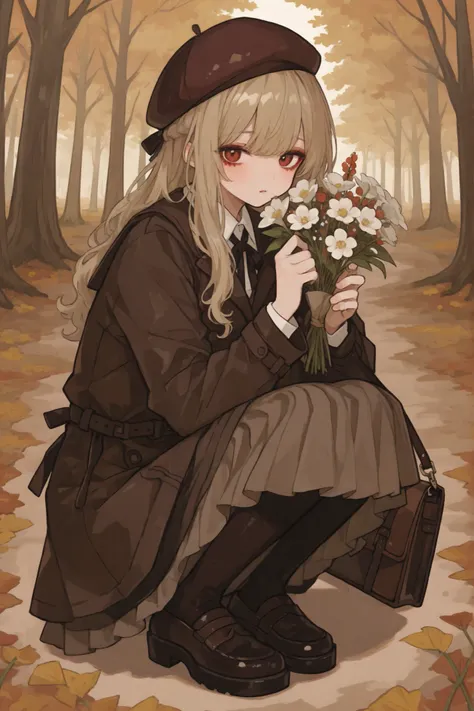 girl, layered dress, brown coat, vintage leather bag, a bouquet of dried flowers peeking out of the bag, brown beret, dark makeup, squatting pose, autumn city background, view of the forest
