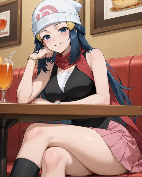 Dawn \Pokemon\, long hair, dark blue hair, loose hair, aged up,
beanie, white headwear, hat,
scarf, red scarf,
shirt, black shirt, bare shoulders,
white undershirt,
pleated skirt, pink skirt, mid lenght skirt, kneehigh skirt,
bracelet,
happy, sedu...