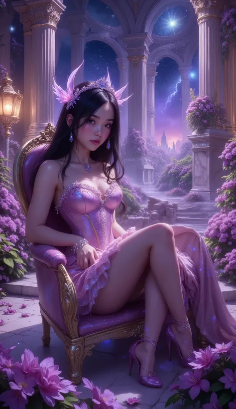 Close-up foto, 4K, hyper detail, hyper detail clothing texture, 17-year-old young Asian girl with a cute face with sweet appearance and white skin, tall body, slim and small belly, wide waist, shiny body, shiny costume, long and sexy muscular legs, and gia...