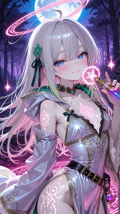 score_9, score_8_up, score_7_up,source_ ,rating is safe , reality,reality skin, (8k、Greatest Masterpiece、Highest Quality、High Fine、nsfw), High quality fantasy illustration、under the stars、an adorable wizard girl wearing a hooded magic cloak、Young Female Ma...