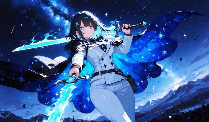 1girl,young woman,x-shaped pupils, x.x,Highest Quality, masterpiece, detailed expression, Vast starry sky, Long Expanding Cloak, stars pattern on a Cloak, deep blue eyes, Long messy black hair,light blue inner hair,star pattern on inner hair, mountains, Qu...