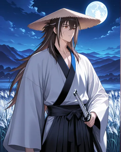 long hair, brown eyes, brown hair, streaked hair,conical bamboo hat , japanese clothes, multicolored kimono, long sleeves, wide sleeves, white sleeves, black kimono, scar on face,long hair, el3gymaster,solo,handsome male,ufosoft style, portrait , nighttime...