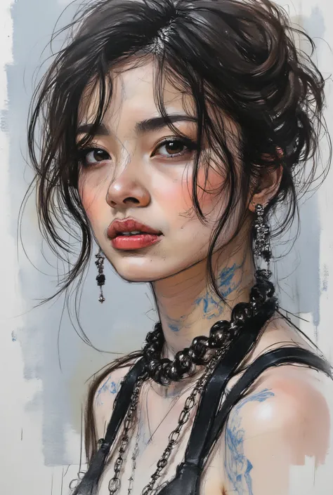 gothic punk、Highest Quality、Rebel、Japanese edits Vivien Tam photos [Woman] 、WITH VERY EYES of black color with brown hair ,  blue tattoos 、[Red and Blue] , Expressive Texture, photorealistic techniques,  vibrant colorful palette , 32k uhd, fluid and dynami...