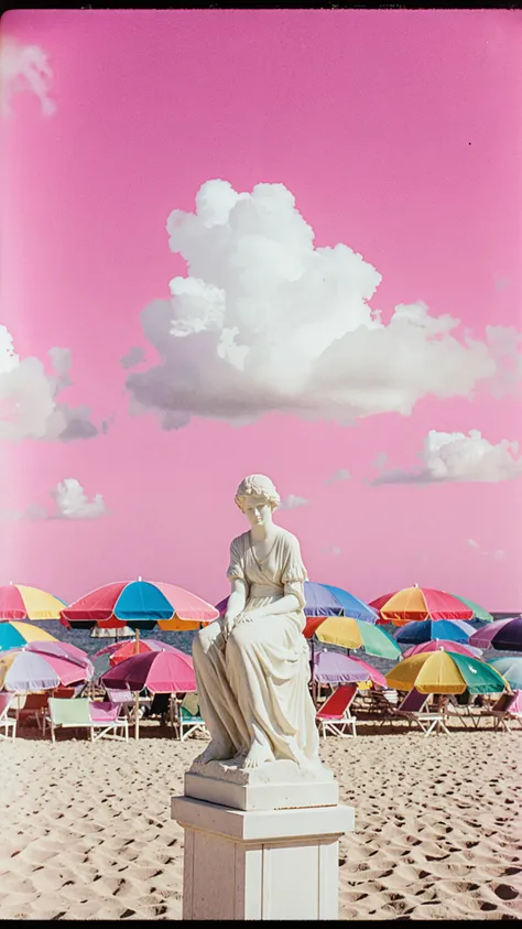 80,90s-era picture quality, low quality,Low-resolution photo,flat photos,dreamcore aesthetic, nostalgic yet eerie atmosphere, wide view,landscape,pink sky,White clouds,beach,sitting woman Greek sculpture,Colorful beach umbrellas, flickering fluorescent lig...
