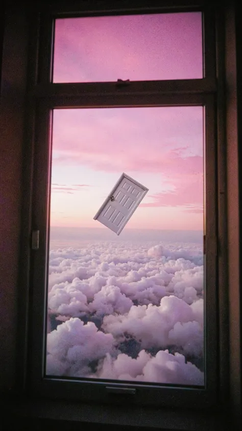80,90s-era picture quality, low quality,Low-resolution photo,flat photos,dreamcore aesthetic, nostalgic yet eerie atmosphere, wide view,landscape,flying a window,pink sky,White clouds,A white door floating in the sky,flickering fluorescent light, hazy air,...