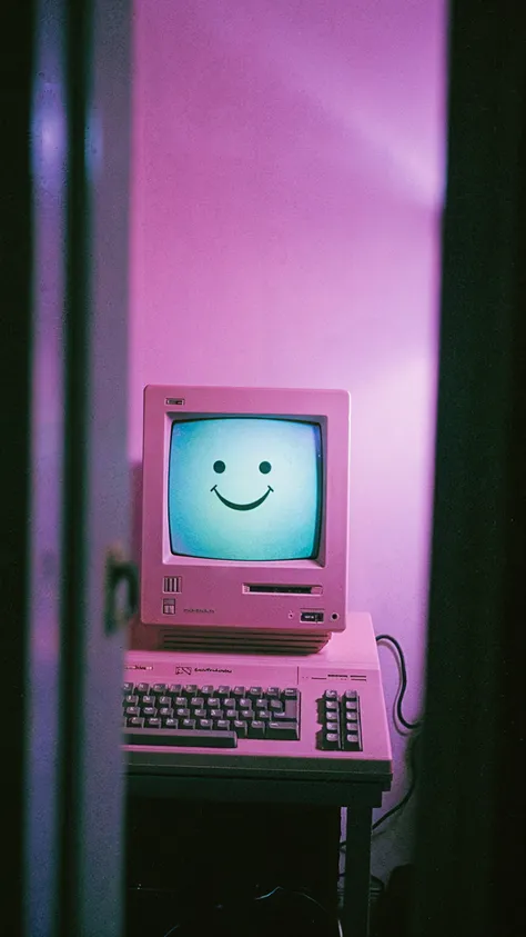 80,90s-era picture quality, low quality,Low-resolution photo,flat photos,dreamcore aesthetic, nostalgic yet eerie atmosphere, The old pink Macintosh is displaying pixel smile character,Peering through the peephole, the room appears empty, but an old Macint...