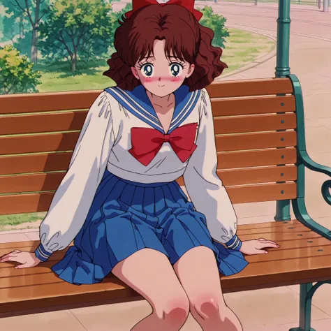 masterpiece, amazing quality, best quality, ultra-detailed, 8K, illustration, ultra-detailed-eyes, soft skin, very awa, very as2, soft body, 1990s \(style\), official art, OsakaNaru ill,blue eyes,short hair,brown hair,hair bow, ((solo)), blush, smile, sitt...