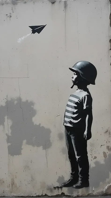 Banksy artstyle,modern art,Spray-painted graffiti art,A boy wearing a military helmet is flying a white paper airplane,Full-body,Casual attire, including a striped T-shirt,The helmet is an adult size, accentuating the imbalance,The dynamic motion immediate...