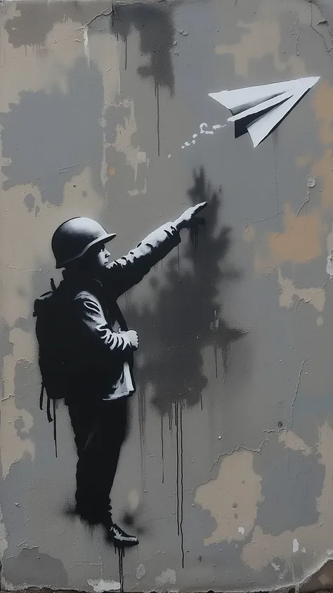Banksy artstyle,modern art,Spray-painted graffiti art,from front ,A boy wearing a military helmet is flying a white paper airplane,Full-body,The helmet is an adult size, Wearing a military backpack,accentuating the imbalance,The dynamic motion immediately ...