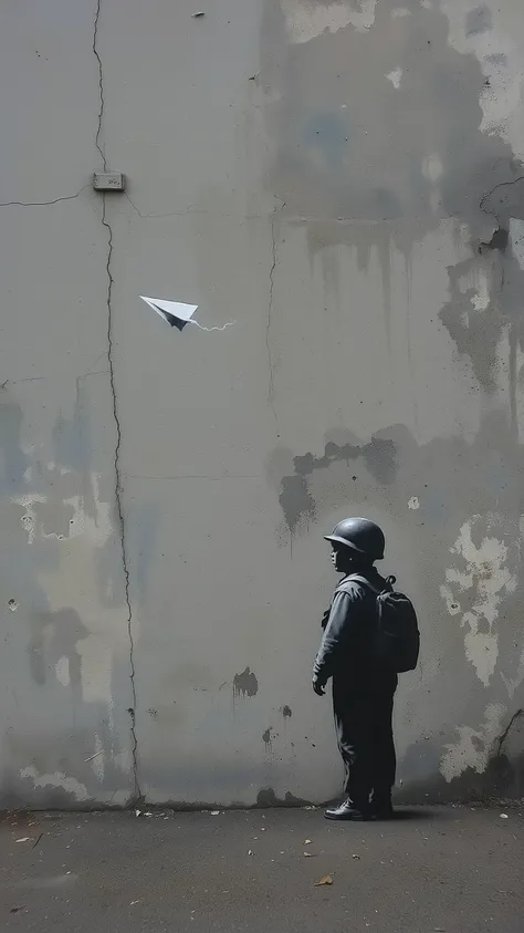 Banksy artstyle,modern art,Spray-painted graffiti art,from front ,A boy wearing a military helmet is flying a white paper airplane,Full-body,The helmet is an adult size, Wearing a military backpack,accentuating the imbalance,The dynamic motion immediately ...